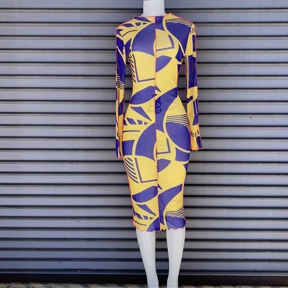 Fashion Nova Yellow and Purple Geometric Dress Mesh Dress Long Sleeve Size L - Picture 4 of 9